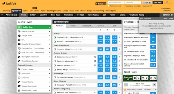 Betfair hoofdscherm