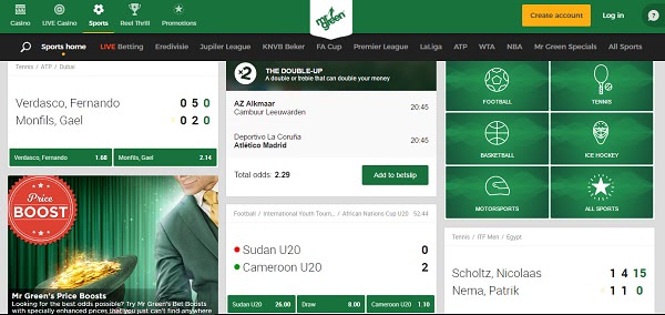 De homepage voor sportweddenschappen bij bookmaker Mr Green