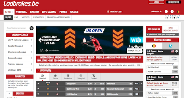 De homepage van bookmaker Ladbrokes waar je kunt wedden