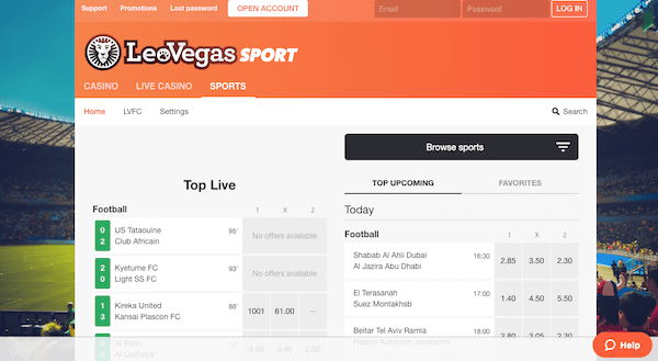De homepage van LeoVegas met het sportaanbod en sterke odds