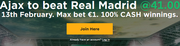 Quotering 41.00 bij winst Ajax tegen Real bij bookmaker Mr Green