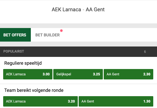 Gokken op Larnaca - Gent odds in de Europa League
