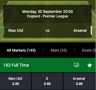Bekijk de odds van Manchester United tegen Arsenal