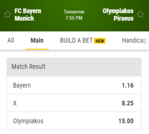 Gokken op Bayern Munchen Olympiakos odds 