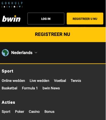 Bwin Mobiele site menu overzicht