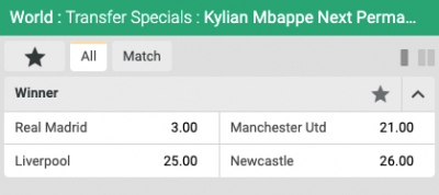 Mbappé transfers odds