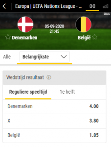 Bwin odds bij wedden op Denemarken Belgie