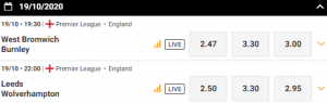 de odds bij WBA -Burnley en Leeds Wolverhampton