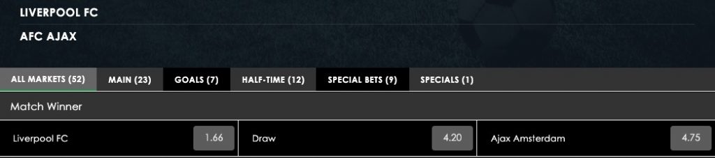 liverpool ajax odds bij mobiusbet