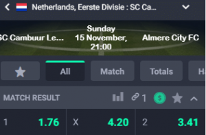 Wallacebet odds bij de eerste divisie wedstrijden zondag 15-11-2020