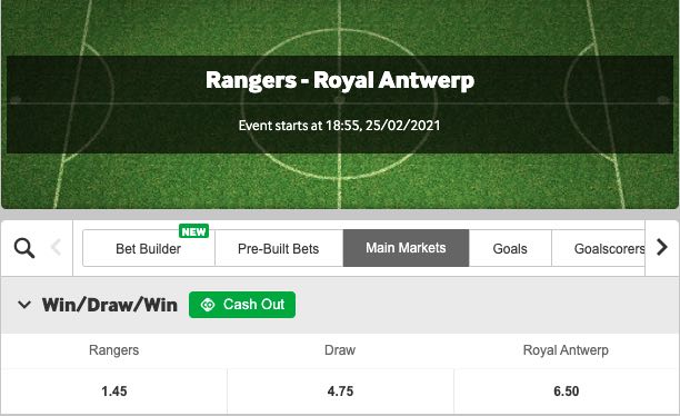 rangers - royal Antwerp 25 februari 2021 odds
