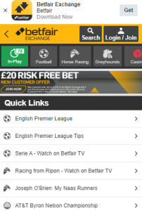 betfair app beginscherm