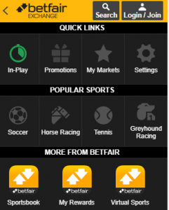 Betfair app menu