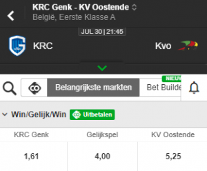 wedden op krc genk -oostende 30-07 odds
