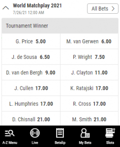 world matchplay darts 2021 favorieten wedden