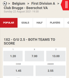 wedden op Club Brugge - Beerschot 22-08-2021