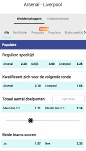 De odds bij Arsenal Liverpool op 6 januari