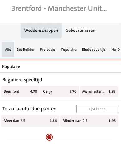 Jack's Casino odds bij Brentford - Manchester United