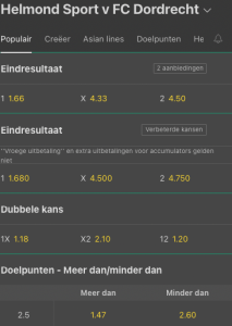 Wedden op helmond Sport- FC Dordrecht met de beste odds