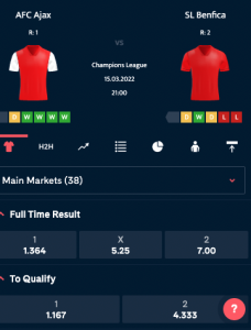 Ajax - Benfica odds Champions League 15-03-2022