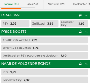 Wedden op PSV - Leicester City met de beste odds