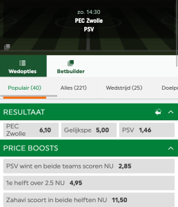 Wedden op PEC Zwolle - PSV best odds