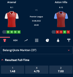 Arsenal favoriet tegen Aston Villa op 31-08-2022