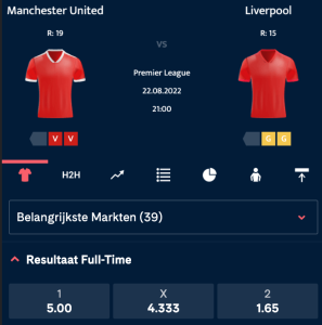 Manchester United -Liverpool odds 22-08-2022 wedden