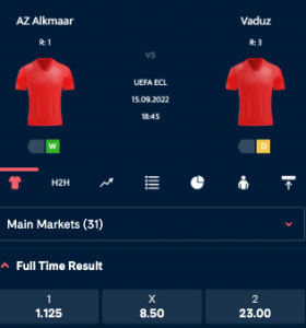 AZ - FC Vaduz odds Conference League 15-09-2022 odds