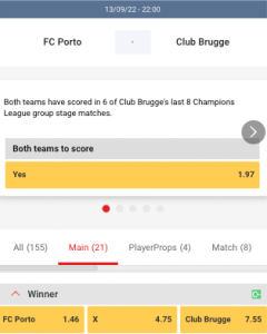 FC Porto - Club Brugge odds 13-09-2022