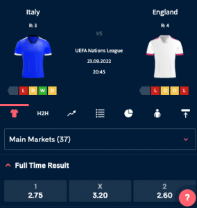 Holland Casino odds bij Italie - Engeland Nations League