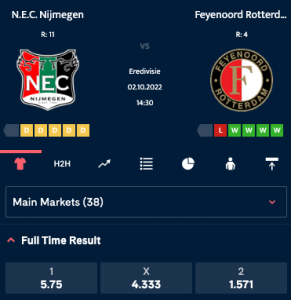NEC Feyenoord odds 02-10-2022