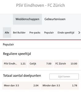 PSV FC Zurich odds 13-10-2022