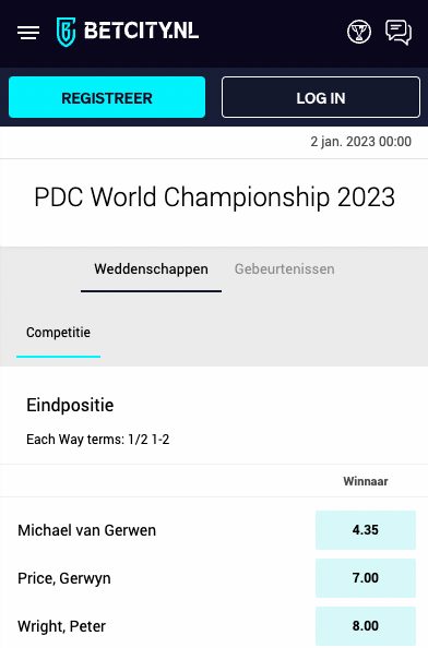 Odds PDC WK Darts 2023 - BetCity