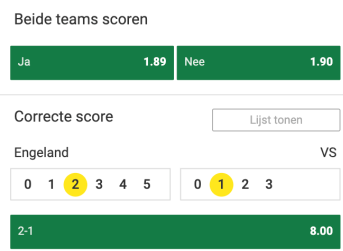 acht keer je inzet bij 2-1 winst Engealnd - VS