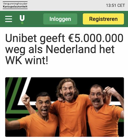 Unibet geeft 5.000.000 weg als Nederland WK wint 