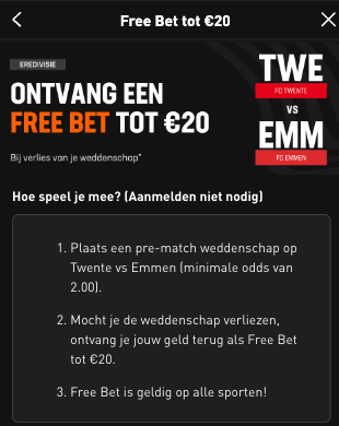 Free bet tot € 20,00 bij Livescore bet FC Teente - FC Emmen
