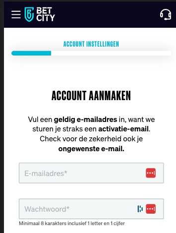 Aanmaken account BetCity