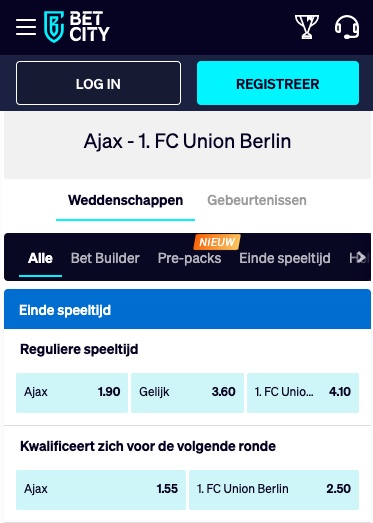 Betcity odds Ajax Union